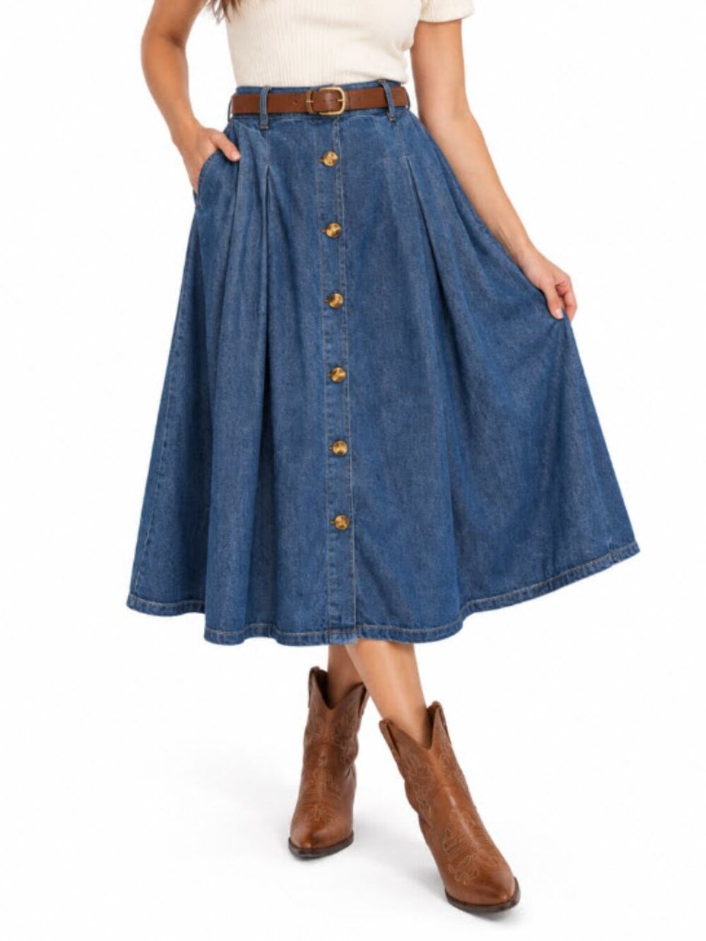 Vintage Blue Denim Button-Front A-Line Midi Skirt Elastic Waist XL Country Chic